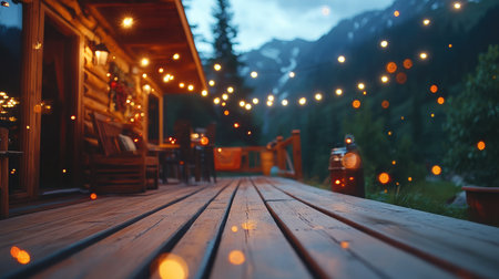 Chalet in alpine meadow, wooden deck lined with warm lights and snowflakes falling in twilightの素材