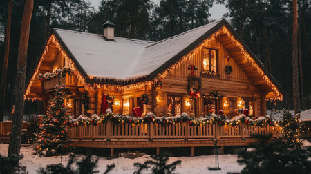 Charming mountain chalet with wooden railings, festive lights, and peaceful forest surroundingsの素材