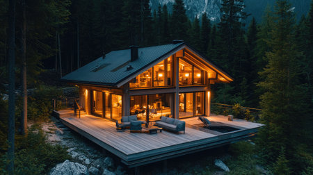 Elevated chalet view with expansive deck and twinkling lights in forest clearing, mountains rising beyondの素材