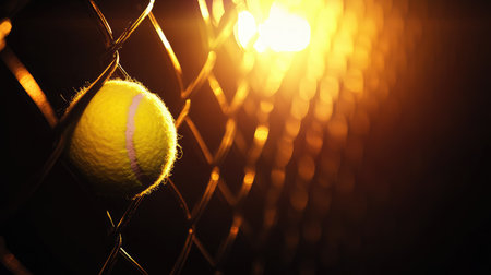 Bright yellow tennis ball on black court fence mesh with strong light contrastの素材