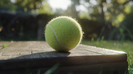 Close-up of fuzzy tennis ball rolling down sloped service box in natural lightの素材