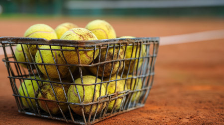 Group of worn tennis balls in a metal basket on a clay courtの素材