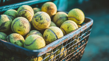 Group of worn tennis balls in a metal basket on a clay courtの素材
