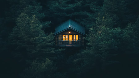 Scenic view of wooden chalet surrounded by pine trees, lights glowing from porch and balconyの素材