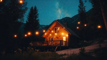 Large wooden chalet with panoramic deck, warm lights and mountainous terrain under clear starry skyの素材