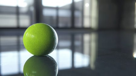 Green ball on indoor court with reflection of ceiling lights on polished surfaceの素材