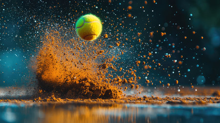 High-speed image of tennis ball making contact with clay, particles flyingの素材