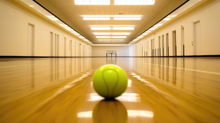 Green ball on indoor court with reflection of ceiling lights on polished surfaceの素材