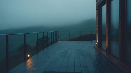 Modern wooden cabin with sleek deck lights, wide views over foggy mountain landscapeの素材
