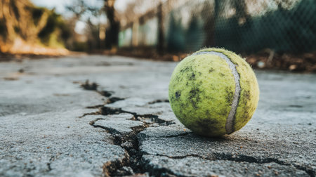 Worn-out tennis ball on cracked concrete surface near fence lineの素材