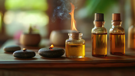 Close-up of essential oils, burning incense, and massage stones arranged in a serene settingの素材