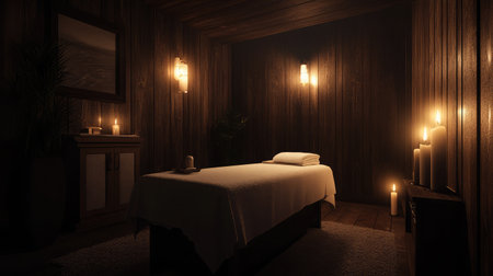 Calm spa room with dark wood accents, a massage table, and gently flickering candlelightの素材