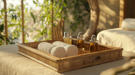 Bamboo spa trays with oils and towels on a massage table surrounded by natural texturesの素材