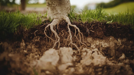 Close-up of broad plant roots breaking through hardened, densely packed soil in a green fieldの素材