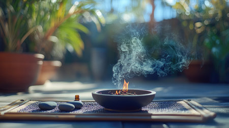 Close-up of essential oils, burning incense, and massage stones arranged in a serene settingの素材