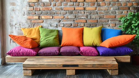 Dark wood sofa with colorful cushions against a textured brick wall and wooden coffee tableの素材