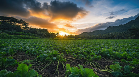 Lush green cover crops with thick roots spreading across a densely planted agricultural field under a cloudy skyの素材