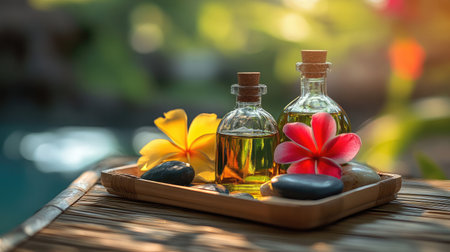 Massage oils, stones, and tropical flowers arranged on a bamboo tray under natural lightの素材