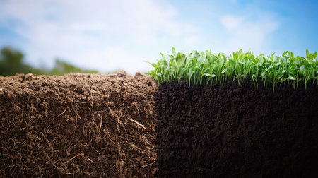Side-by-side comparison of compact dry soil and revitalized lush green farmland with plant rootsの素材