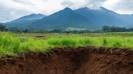 Regenerating farmland with lush ground cover breaking apart compacted layers of earthの素材