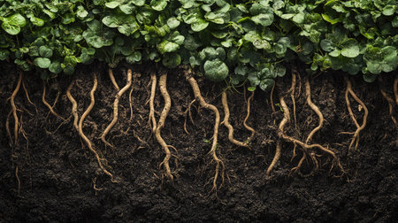 Soil regeneration in process as strong-rooted vegetation grows in rows across wide farmlandの素材