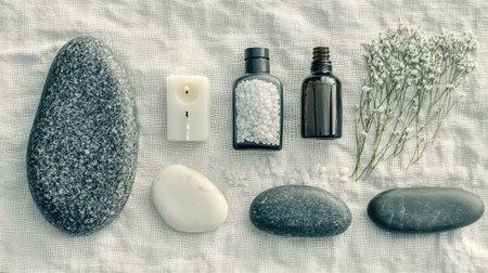 Spa flat lay featuring massage salts, smooth stones, candles, and oil bottles on white linensの素材