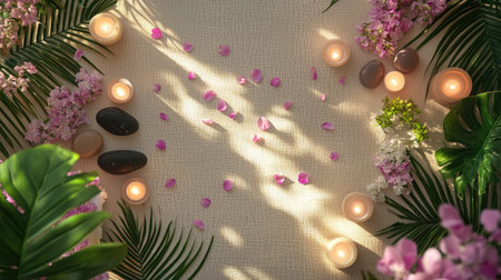 Top view of a massage setup with flower petals, scented candles, and hot stones on a linen sheetの素材