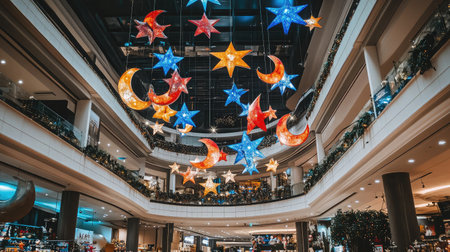 Celebration banner with stars and moons hanging above a decorated indoor spaceの素材