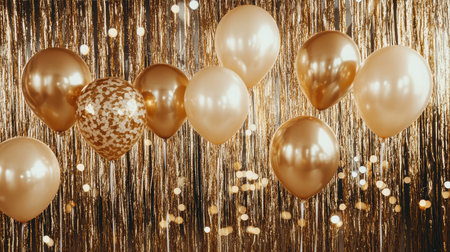 Backdrop of gold streamers and balloon arches in a celebration photo booth setupの素材