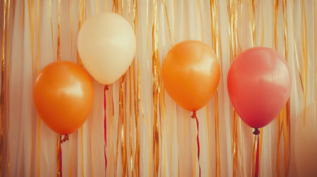 Backdrop of gold streamers and balloon arches in a celebration photo booth setupの素材