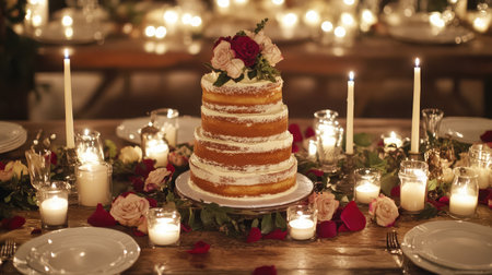 Celebration scene with candles, rose petals, and sparkling decor surrounding a tiered cakeの素材