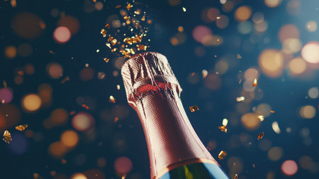 Champagne bottle popping with golden confetti flying mid-air against a dark celebratory backgroundの素材