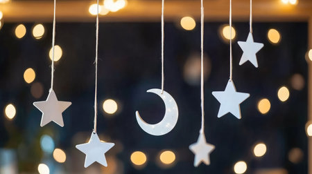 Celebration banner with stars and moons hanging above a decorated indoor spaceの素材