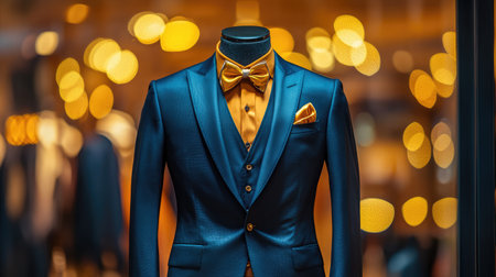 Classic navy blue suit jacket with a pocket square, leather belt, and gold cufflinks on displayの素材