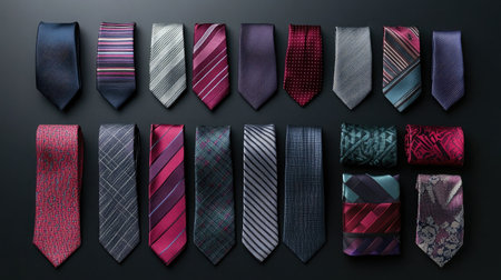 Color-coordinated ties, socks, and pocket squares on a minimalist black backgroundの素材