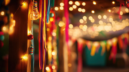 Colorful garlands, lights, and ribbons hanging from a ceiling in a party-ready roomの素材
