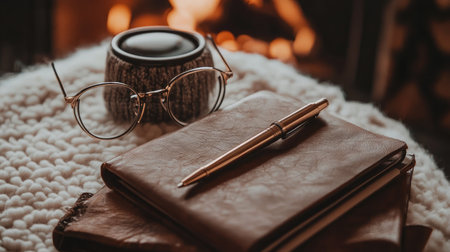 Essentials for a presentation blazer, pen, glasses, and organized leather folioの素材