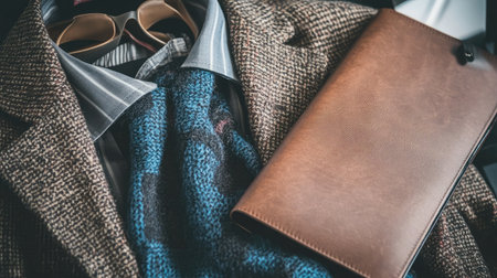 Corporate chic items including a tailored blazer, elegant scarf, and slim leather folderの素材