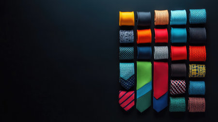 Color-coordinated ties, socks, and pocket squares on a minimalist black backgroundの素材