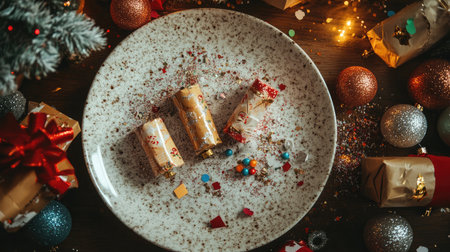 Festive crackers, small gifts, and confetti scattered over a dinner plate arrangementの素材