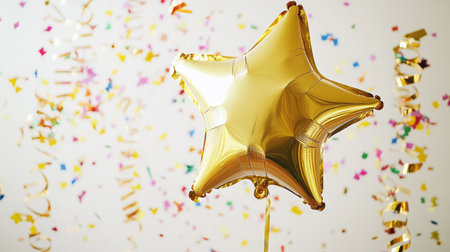 Giant gold star balloon floating beside shiny foil streamers and scattered confettiの素材