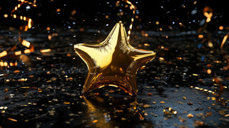 Giant gold star balloon floating beside shiny foil streamers and scattered confettiの素材
