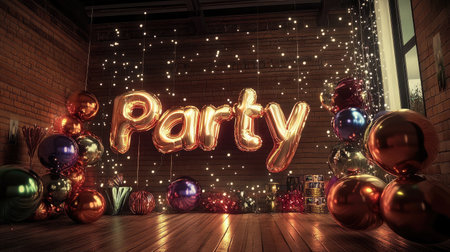 Floating metallic balloons spelling Party surrounded by twinkle lights and decorの素材