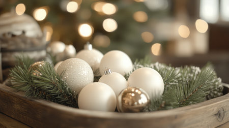 Minimalist Scandinavian-style Christmas dcor with white ornaments and pine branches in a cozy roomの素材