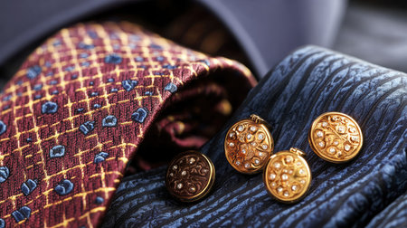 Luxury tie collection rolled neatly beside gold cufflinks and a dress shirtの素材
