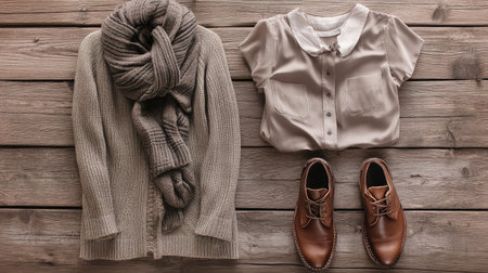 Layered business casual outfit featuring cardigan, blouse, scarf, and leather shoesの素材