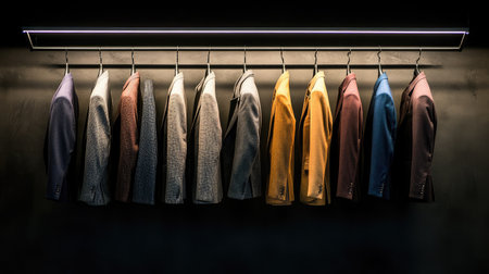 Modern fashion display of tailored clothing with sleek metal clothing rack and ambient lightingの素材