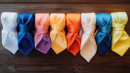 Neatly pressed white shirts with ties in gradient colors rolled beside themの素材