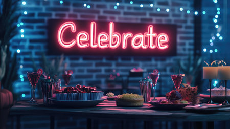 Neon sign reading Celebrate glowing brightly on a brick wall with festive table setup in foregroundの素材