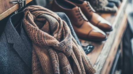 Layered business casual outfit featuring cardigan, blouse, scarf, and leather shoesの素材